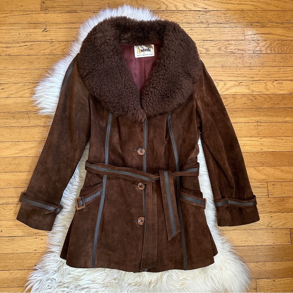 SOLD vintage 70s penny lane chocolate brown suede shearling coat small medium